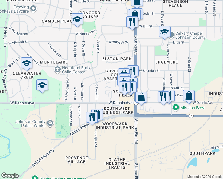 map of restaurants, bars, coffee shops, grocery stores, and more near 914 South Edgebrook Lane in Olathe