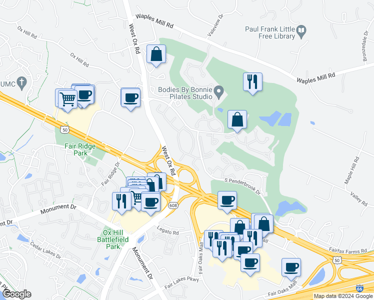 map of restaurants, bars, coffee shops, grocery stores, and more near 3919 Penderview Drive in Fairfax