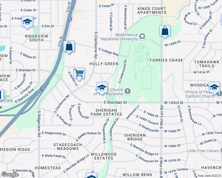 map of restaurants, bars, coffee shops, grocery stores, and more near 817 South Medford Circle in Olathe
