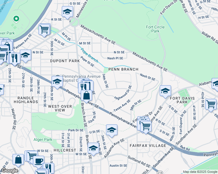 map of restaurants, bars, coffee shops, grocery stores, and more near 3400 Carpenter Street Southeast in Washington