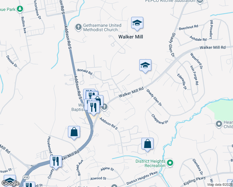 map of restaurants, bars, coffee shops, grocery stores, and more near 1341 Karen Boulevard in Capitol Heights