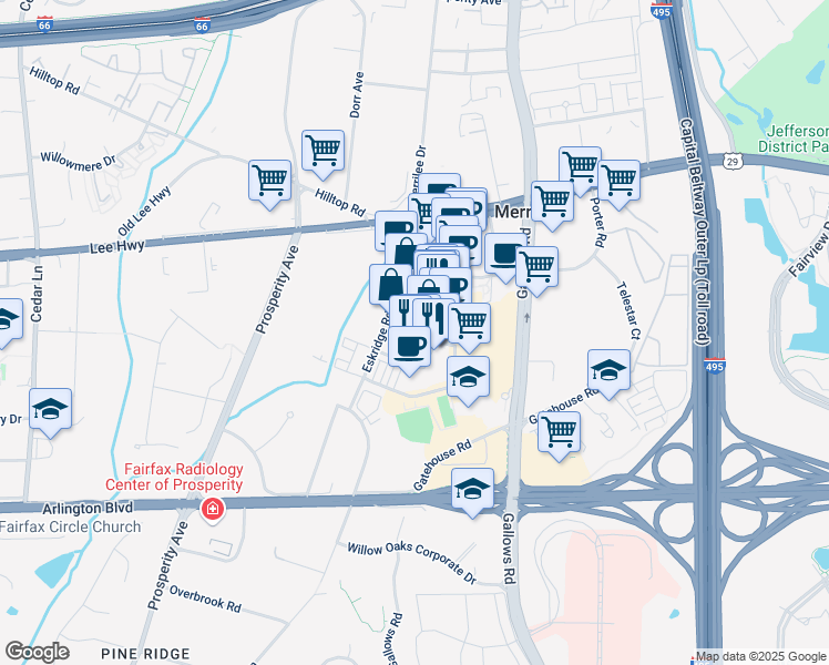 map of restaurants, bars, coffee shops, grocery stores, and more near 8313 Looking Glass Way in Fairfax