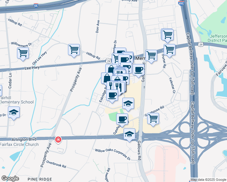 map of restaurants, bars, coffee shops, grocery stores, and more near 8313 Looking Glass Way in Fairfax