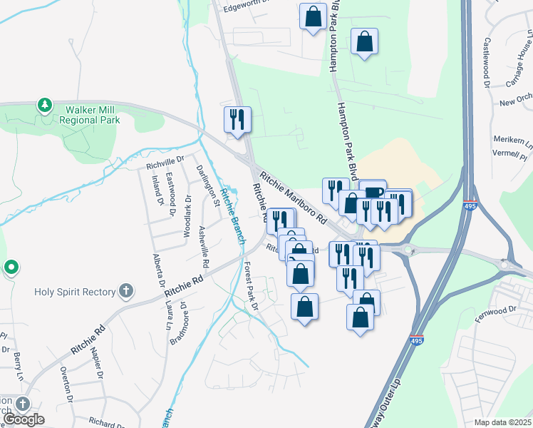map of restaurants, bars, coffee shops, grocery stores, and more near 1312 Ritchie Rd in Capitol Heights