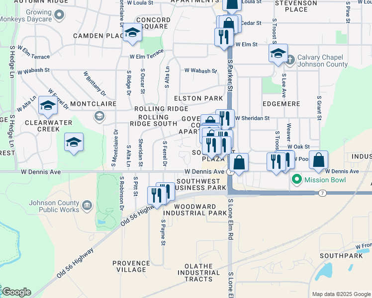 map of restaurants, bars, coffee shops, grocery stores, and more near 1175 West Virginia Lane in Olathe