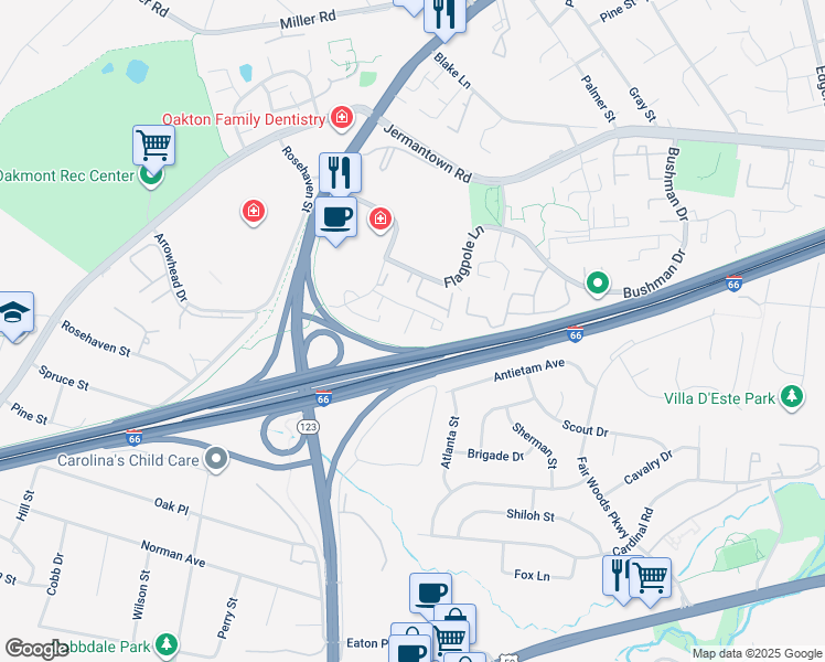 map of restaurants, bars, coffee shops, grocery stores, and more near 3217 White Flint Court in Oakton