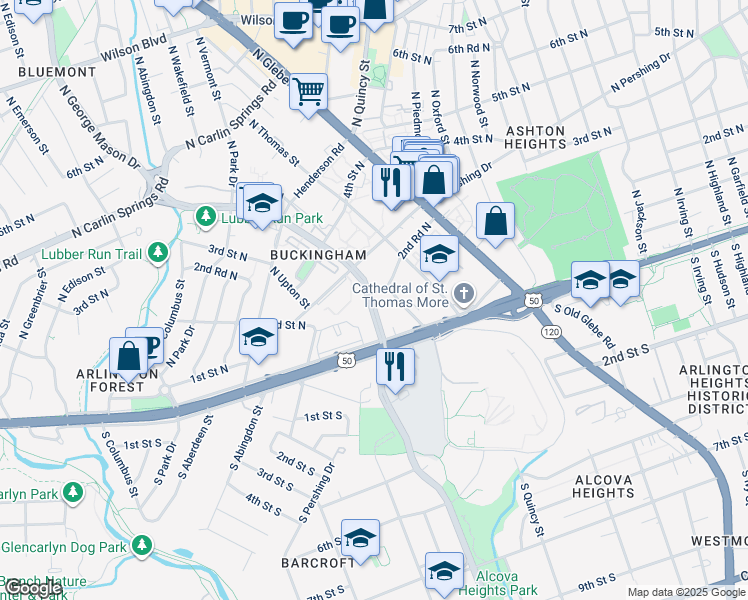 map of restaurants, bars, coffee shops, grocery stores, and more near 203 North George Mason Drive in Arlington