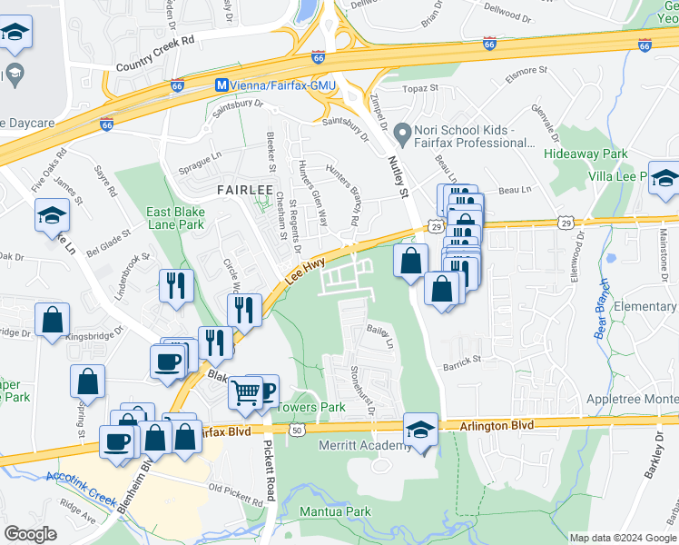 map of restaurants, bars, coffee shops, grocery stores, and more near Sundrops Court in Merrifield