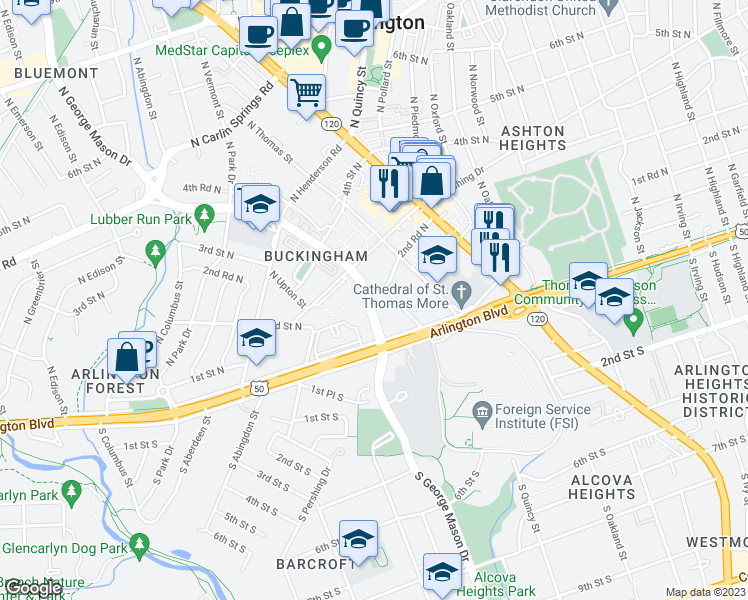 map of restaurants, bars, coffee shops, grocery stores, and more near 201 North George Mason Drive in Arlington