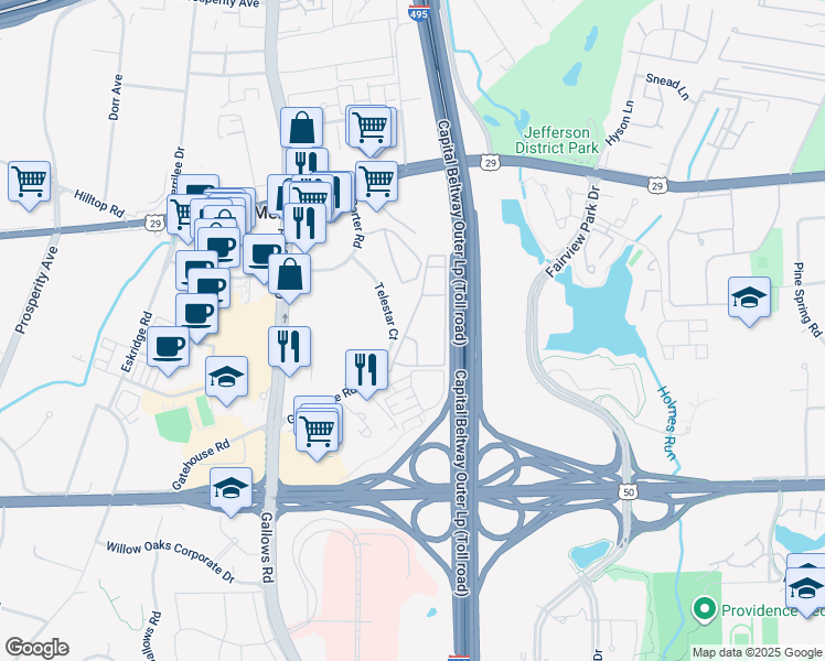 map of restaurants, bars, coffee shops, grocery stores, and more near 2905 Charing Cross Road in Falls Church