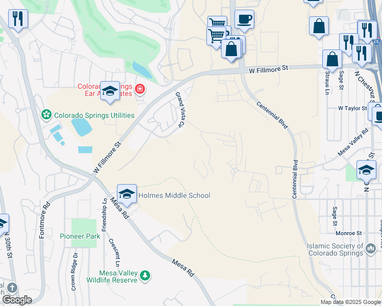 map of restaurants, bars, coffee shops, grocery stores, and more near 2744 Grand Vista Circle in Colorado Springs