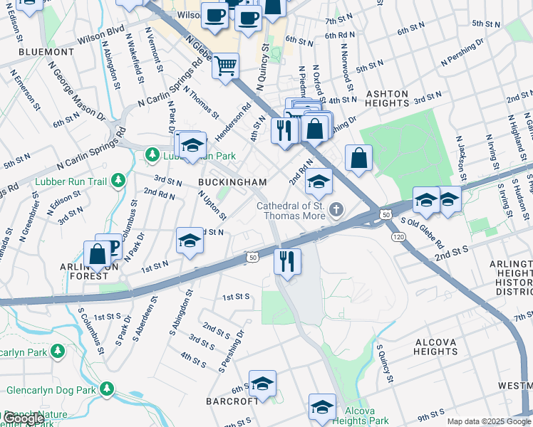 map of restaurants, bars, coffee shops, grocery stores, and more near 212 North George Mason Drive in Arlington