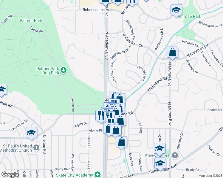 map of restaurants, bars, coffee shops, grocery stores, and more near 2618 Serendipity Circle West in Colorado Springs