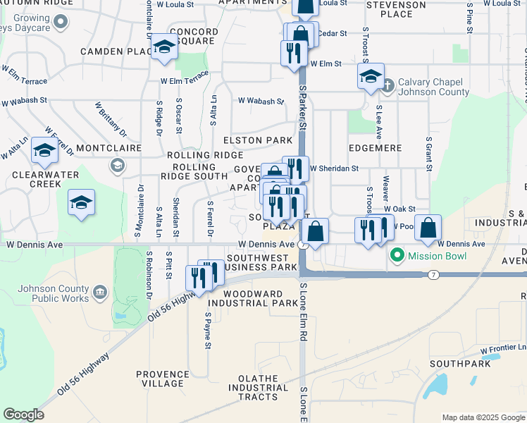 map of restaurants, bars, coffee shops, grocery stores, and more near 1175 West Virginia Lane in Olathe