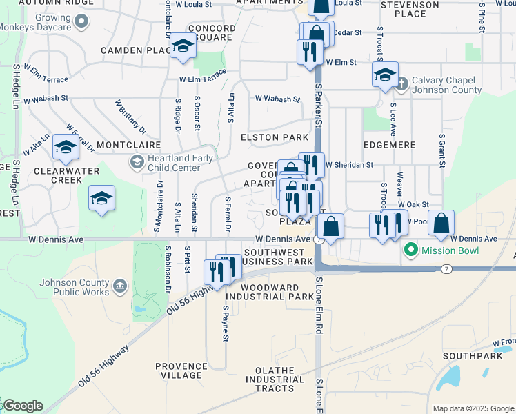map of restaurants, bars, coffee shops, grocery stores, and more near 1175 West Virginia Lane in Olathe