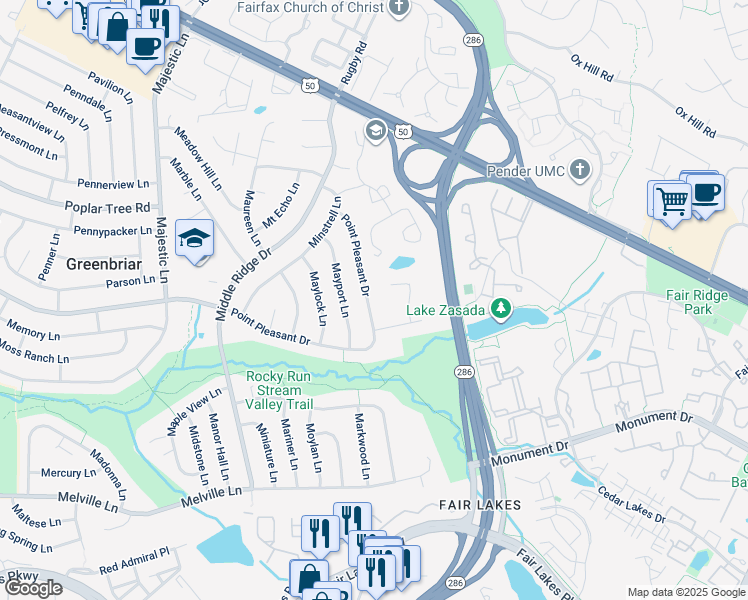 map of restaurants, bars, coffee shops, grocery stores, and more near 12831 Point Pleasant Drive in Fairfax