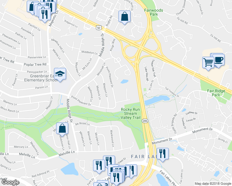 map of restaurants, bars, coffee shops, grocery stores, and more near 12831 Point Pleasant Drive in Fairfax