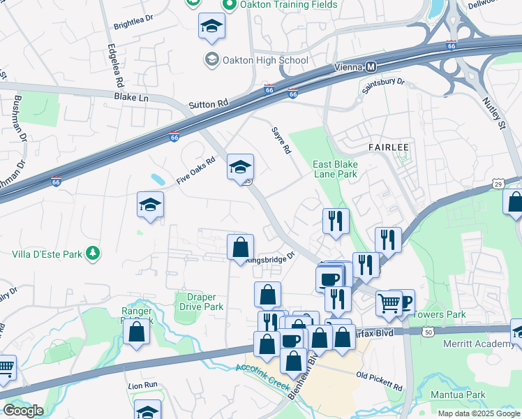 map of restaurants, bars, coffee shops, grocery stores, and more near 9637 Blake Lane in Fairfax