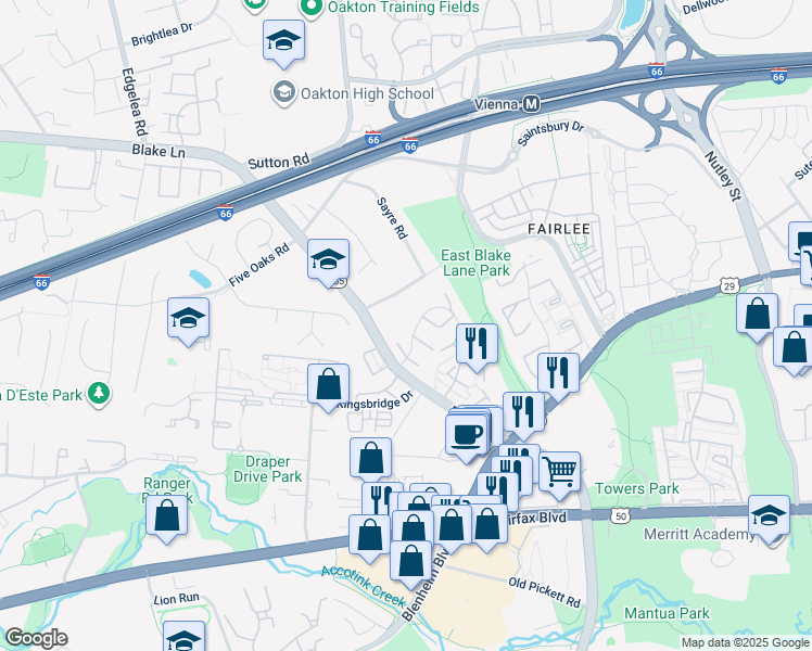 map of restaurants, bars, coffee shops, grocery stores, and more near 9644 Lindenbrook Street in Fairfax