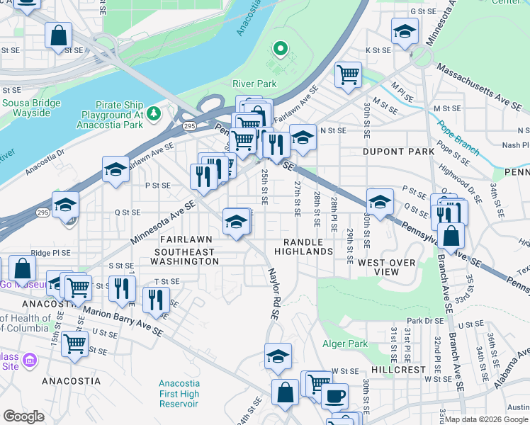 map of restaurants, bars, coffee shops, grocery stores, and more near Q Street Southeast & 25th Street Southeast in Washington