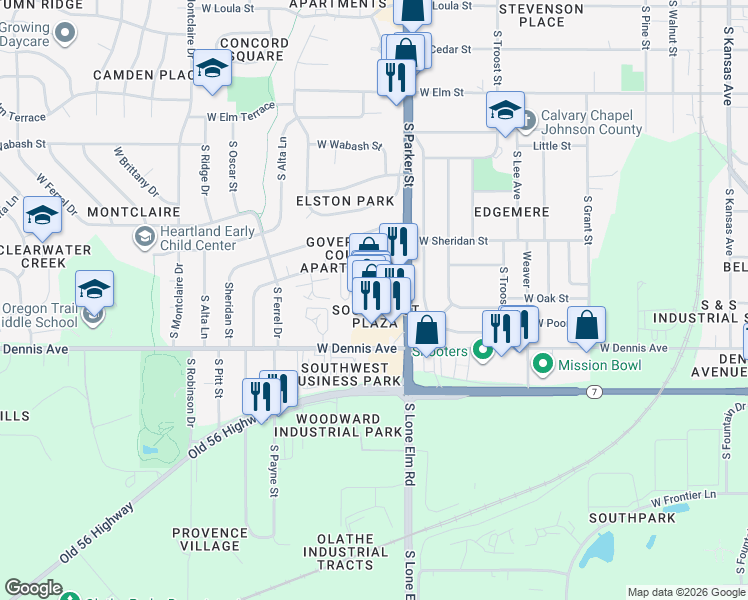 map of restaurants, bars, coffee shops, grocery stores, and more near 879 South Parker Street in Olathe