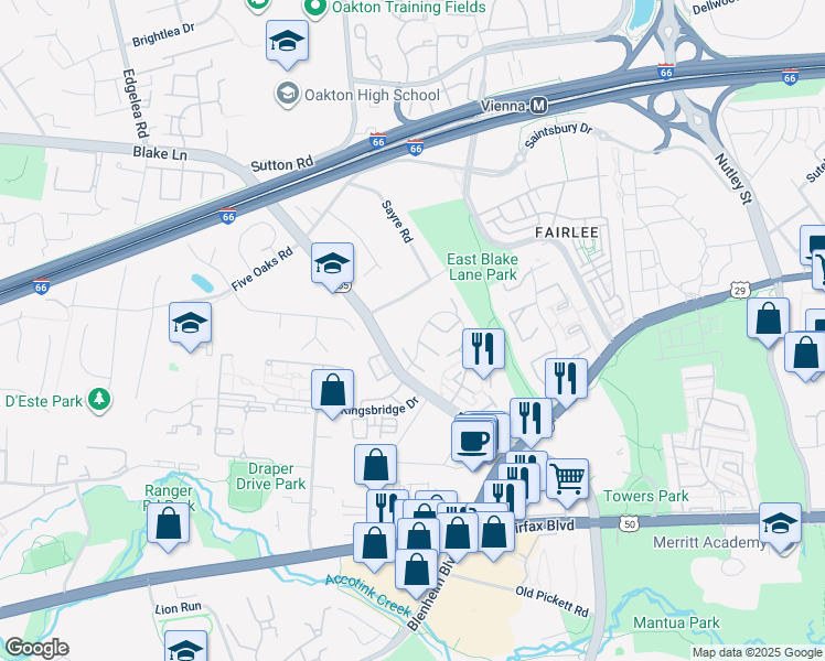 map of restaurants, bars, coffee shops, grocery stores, and more near 9644 Lindenbrook Street in Fairfax