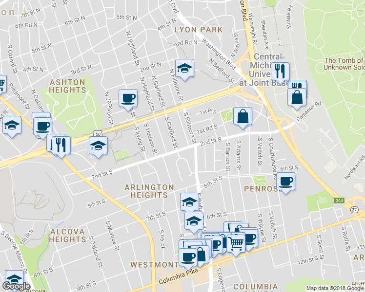 map of restaurants, bars, coffee shops, grocery stores, and more near 2909 2nd Street South in Arlington
