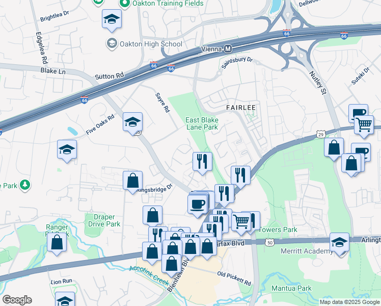 map of restaurants, bars, coffee shops, grocery stores, and more near 9575 Blake Park Court in Fairfax