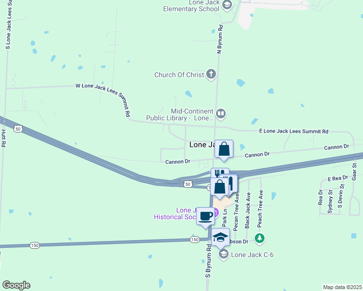 map of restaurants, bars, coffee shops, grocery stores, and more near 106 Van Buren in Lone Jack