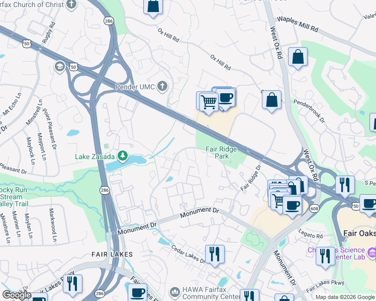 map of restaurants, bars, coffee shops, grocery stores, and more near 4101 Quiet Crossing Court in Fairfax