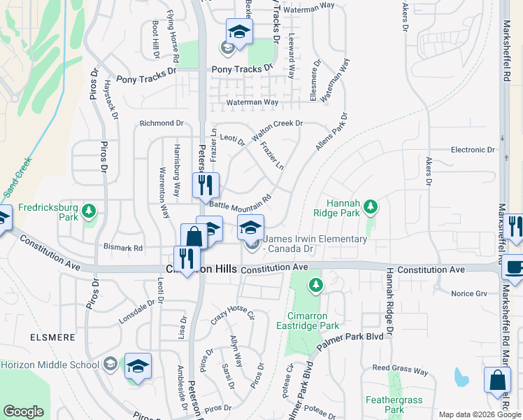 map of restaurants, bars, coffee shops, grocery stores, and more near 2635 Lone Tree Court in Colorado Springs