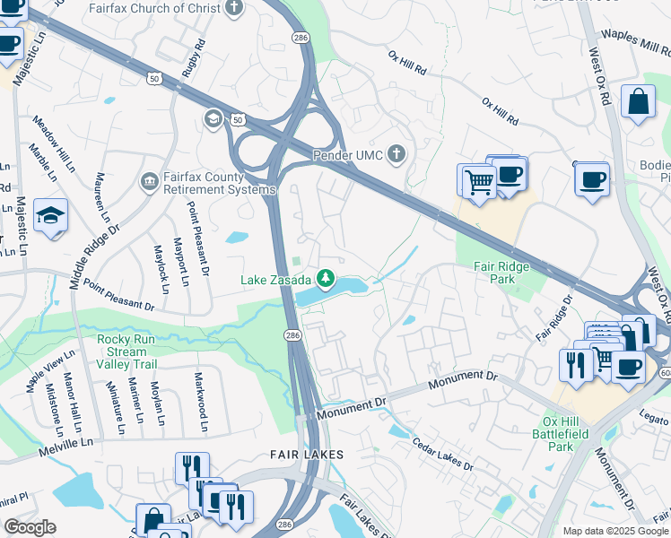 map of restaurants, bars, coffee shops, grocery stores, and more near 12511 North Lake Court in Fairfax