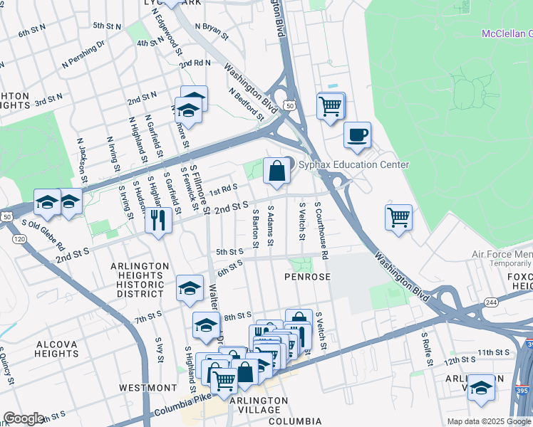 map of restaurants, bars, coffee shops, grocery stores, and more near 214 South Adams Street in Arlington