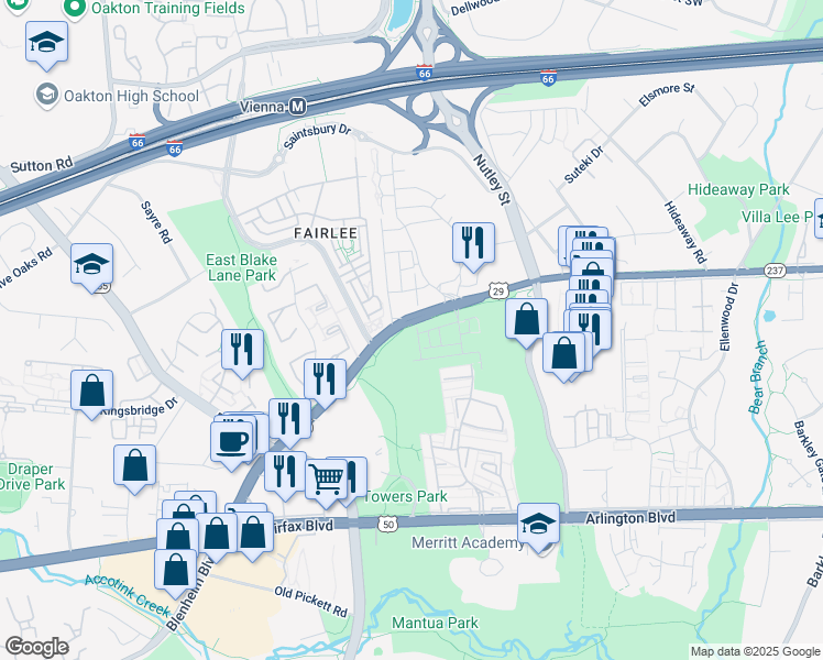 map of restaurants, bars, coffee shops, grocery stores, and more near 3050 Wild Blue Indigo Court in Fairfax