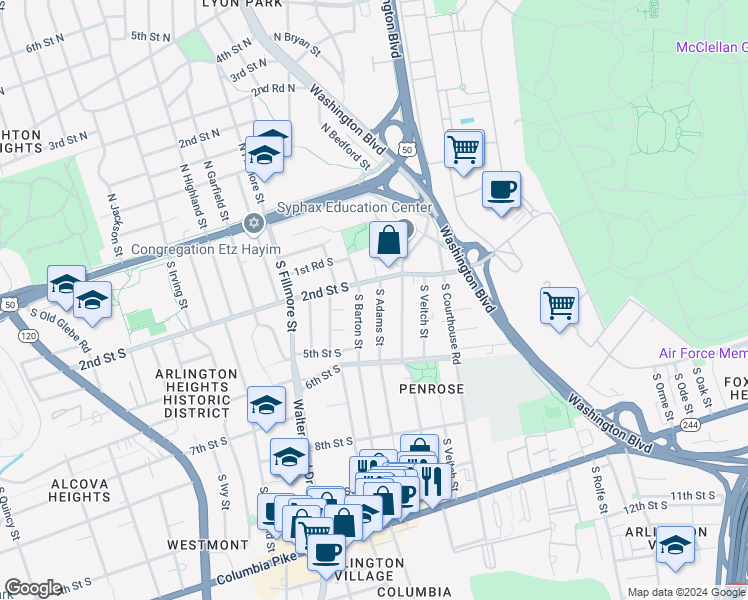 map of restaurants, bars, coffee shops, grocery stores, and more near 214 South Adams Street in Arlington