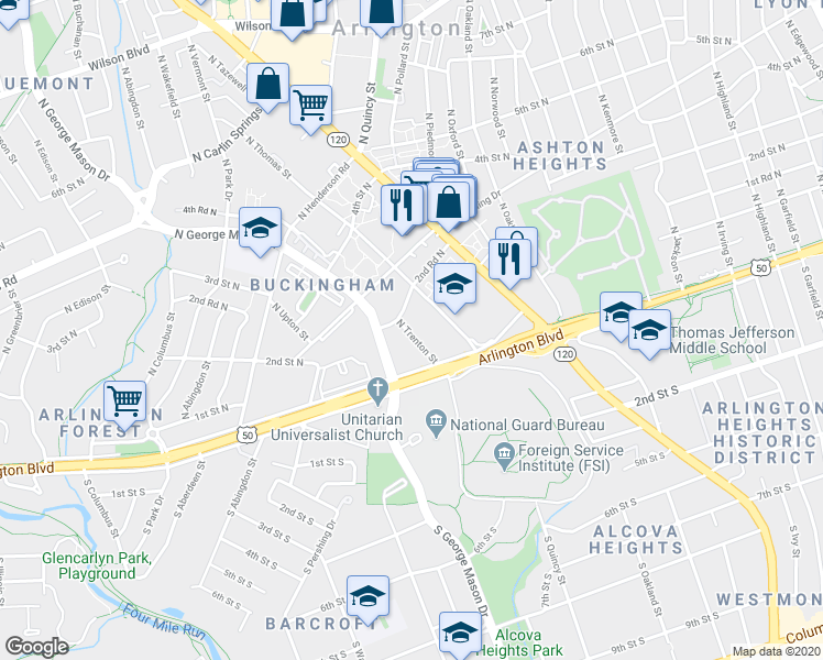 map of restaurants, bars, coffee shops, grocery stores, and more near 211 North Trenton Street in Arlington