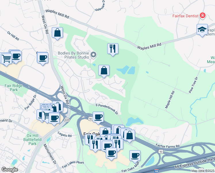 map of restaurants, bars, coffee shops, grocery stores, and more near 3815 Parkland Drive in Fairfax