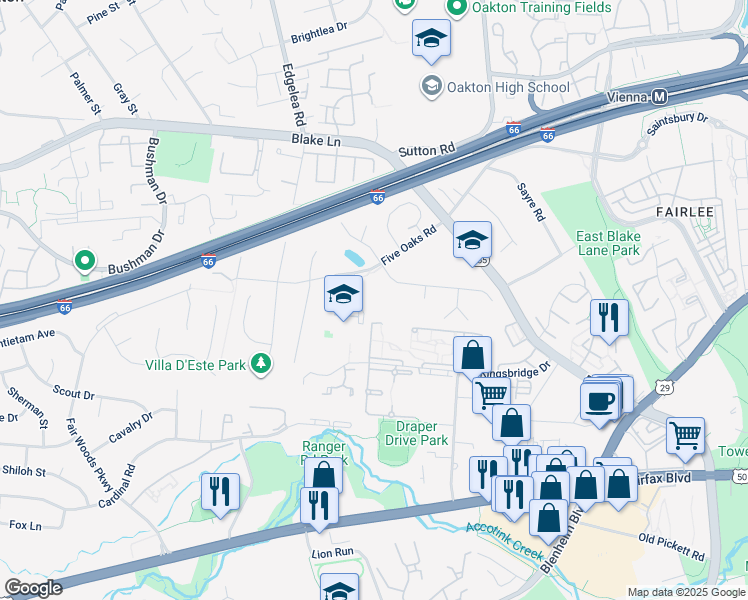 map of restaurants, bars, coffee shops, grocery stores, and more near 9813 Five Oaks Road in Fairfax