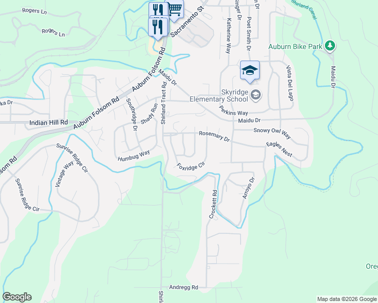 map of restaurants, bars, coffee shops, grocery stores, and more near 1437 Tanoak Way in Auburn
