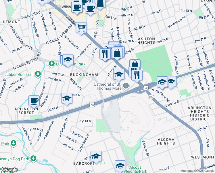 map of restaurants, bars, coffee shops, grocery stores, and more near 211 North Trenton Street in Arlington