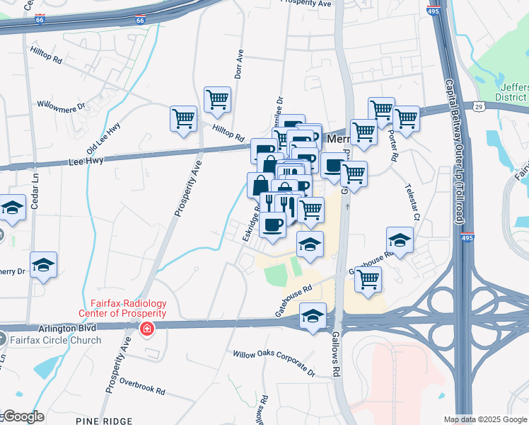 map of restaurants, bars, coffee shops, grocery stores, and more near 8347 Looking Glass Way in Fairfax