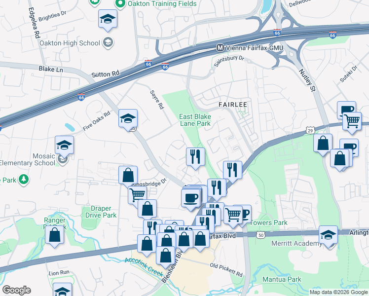 map of restaurants, bars, coffee shops, grocery stores, and more near 9573 Blake Park Court in Fairfax