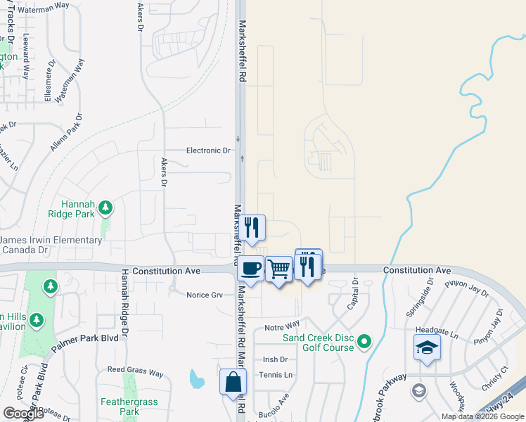 map of restaurants, bars, coffee shops, grocery stores, and more near 2680 Gobi Drive in Colorado Springs
