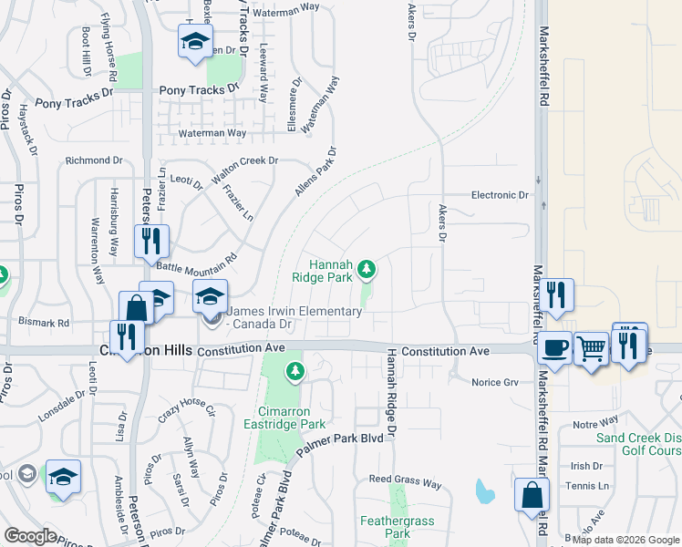 map of restaurants, bars, coffee shops, grocery stores, and more near 2626 Grand Prix Court in Colorado Springs