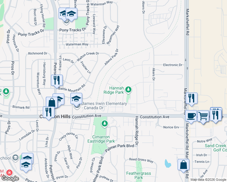 map of restaurants, bars, coffee shops, grocery stores, and more near 2626 Grand Prix Court in Colorado Springs