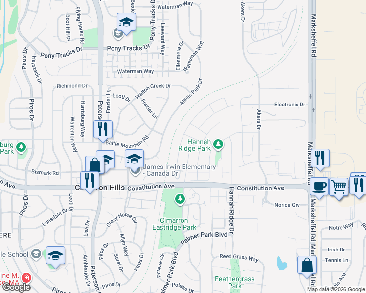 map of restaurants, bars, coffee shops, grocery stores, and more near 2613 Pony Club Lane in Colorado Springs