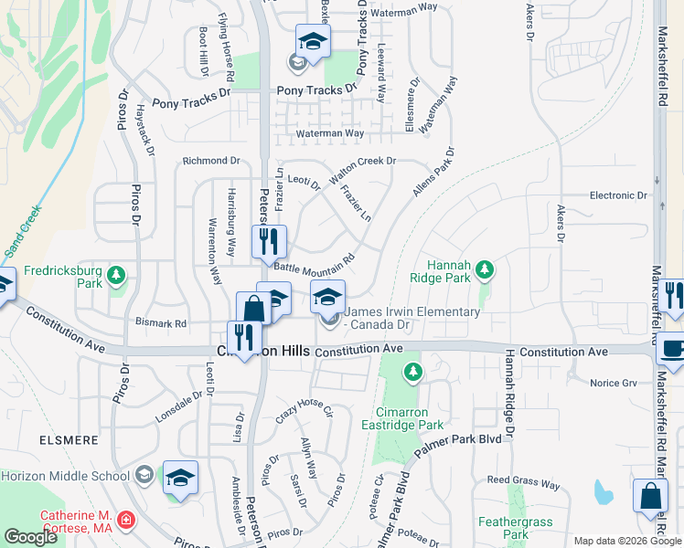 map of restaurants, bars, coffee shops, grocery stores, and more near 2635 Lone Tree Court in Colorado Springs