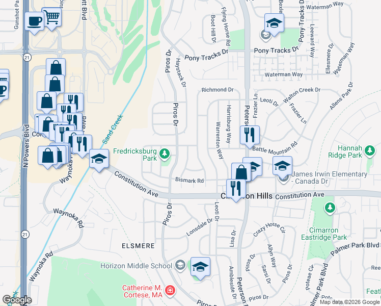 map of restaurants, bars, coffee shops, grocery stores, and more near 2765 Charlottesville Drive in Colorado Springs
