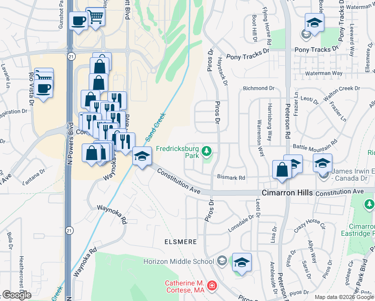 map of restaurants, bars, coffee shops, grocery stores, and more near 6438 Chantilly Place in Colorado Springs
