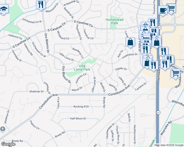 map of restaurants, bars, coffee shops, grocery stores, and more near 2670 Villa Loma Drive in Colorado Springs